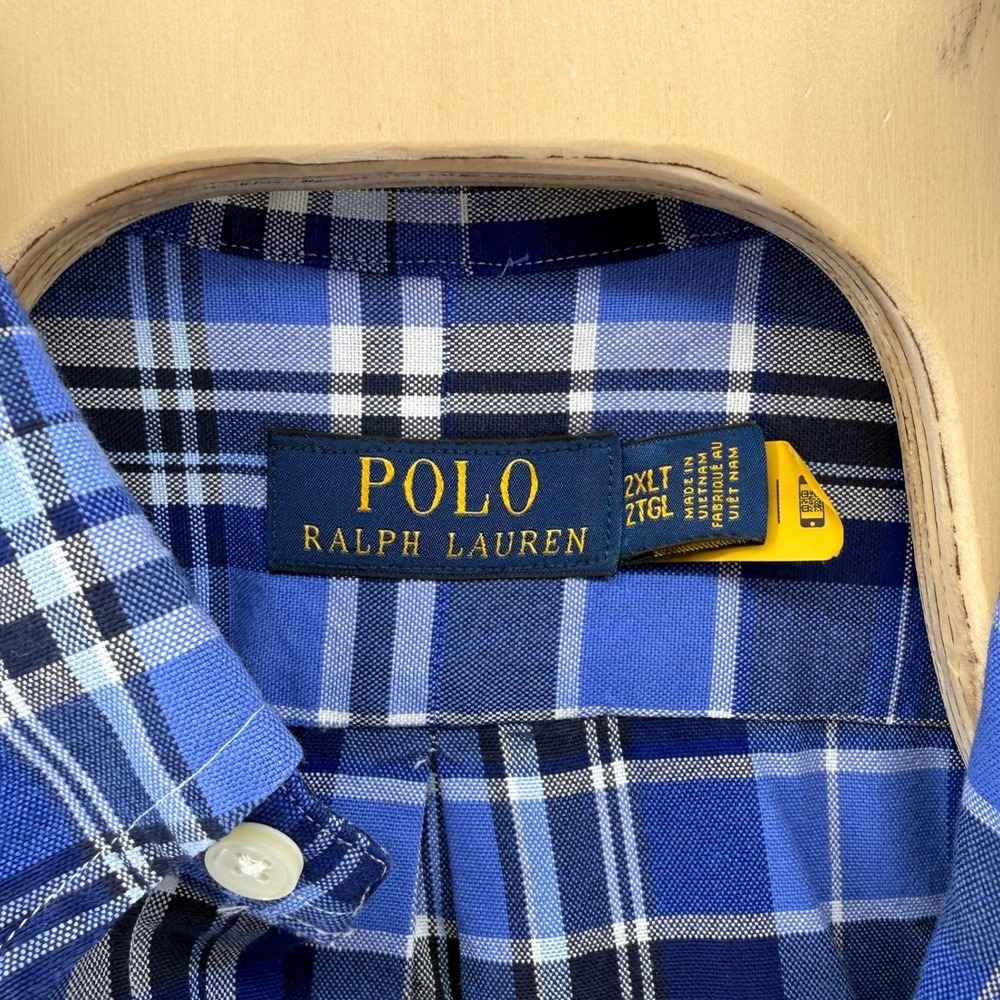 Polo Ralph Lauren Button Down Mens 2XLT Pre-Owned Shirt Blue Plaid SS Flesh Pony - Picture 4 of 11